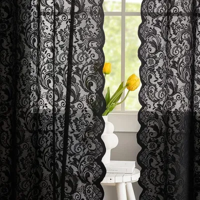 Produktbild von Schwarze Spitzen-Halloween-Vorhänge für Wohnzimmer, , durchsichtige Gothic-Vorhänge, 213,4 cm lang, Boho-Türvorhänge, Hexen-/Gothic-Raumdekoration, 132,1 x 213,4 cm, Schwarz