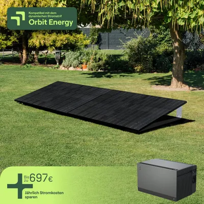 Produktbild von Balkonkraftwerk für Garten mit 2 Modulen & Speicher Avocado Orbit M (2,11 kWh) - 5m Anschlusskabel - priFlat Duo