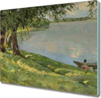 Produktbild von Coloray Herdabdeckplatte 60x52 cm Schneidebrett Kochplattenabdeckung Küchenbrett Hackbrett - Malerei Boot See Baum