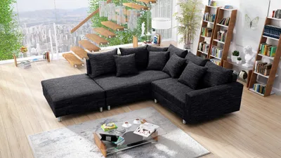 Produktbild von Wohnlandschaft Sofa Couch Ecksofa Eckcouch Gewebestoff schwarz + Hocker Minsk L