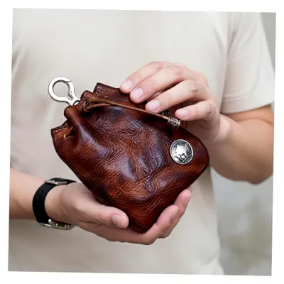 Produktbild von Leder-Münzbeutel, Mini-Vintage-Leder-Kordelzugbeutel mit Schlüsselanhänger, tragbare Mini-Geldbörse für Schlüssel und Münzen, Kaffee