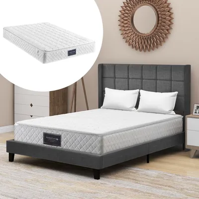 Image de Flieks Lit rembourré avec matelas 140x200cm, Lit double avec sommier à lattes et tête de lit, Lit en bois lin pour jeunes adultes
