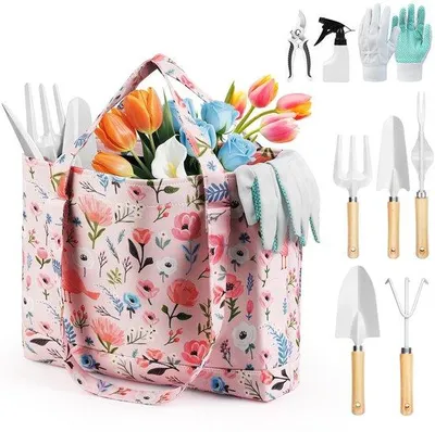Immagine prodotto di Set di 10 utensili da giardino Unyqoos® con motivo floreale: set completo con borsa organizer, utensili in acciaio inossidabile e manici in legno rinforzati