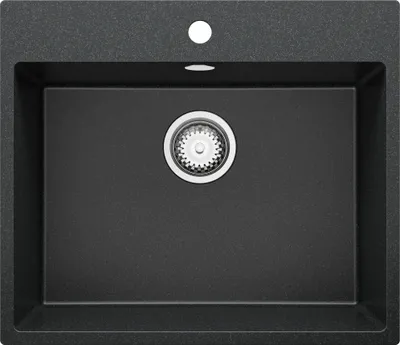 A top-down view of a black granite kitchen sink with a silver drain.