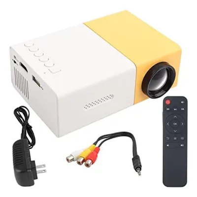 A mini projector with its accessories laid out on a white background.
