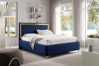 Produktbild von MEBLINI Arona Gold Polsterbett 180x200 mit Stauraum - Matratze, Lattenrost und Bettkasten - Kopfteil Bett mit Stauraum - Doppelbett - Stauraumbett -  Betten - 180x200 - Blau Samt/H3