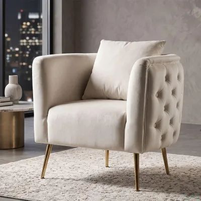 Produktbild von Bukarest Sessel in cremefarbenem Samt und goldfarbenem Metall, glamouröser Sitz, 76 x 74 x 73 cm - Designmöbel