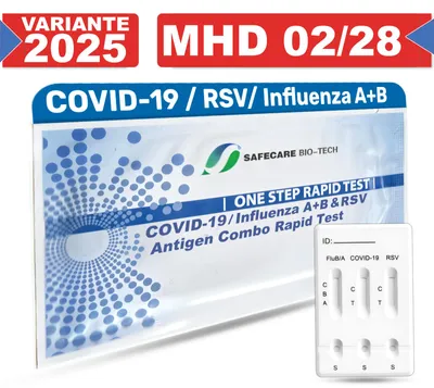 Produktbild von 25x 4in1 Safecare: Covid-19 + RSV + Influenza A/B Combo Antigen Selbsttest | MHD 01/28 neueste Variante | Grippe Corona  SARS-CoV-2 Schnelltest | 3124