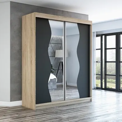 Produktbild von Schwebetürenschrank, 2-türig Schrank mit Spiegel! Moderne Garderobe für Kleidung. Verschiedene Farben (Weiß, Schwarz, Somona) Kleiderschrank RIMA 180 cm