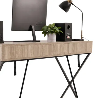 Zdjęcie produktu dla Biurko industrialne komputerowe Dąb Sonoma CROSSLINE 120 cm 2 szuflady 1 półka Czarne nogi
