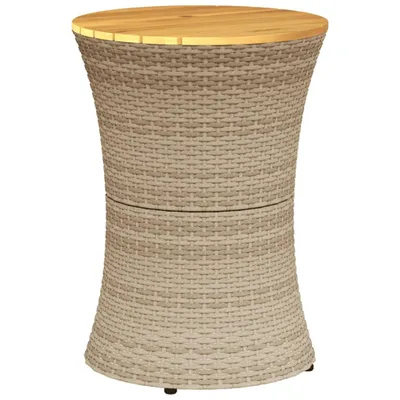 A beige poly rattan drum-shaped side table with a solid wood top, shown on a white background.