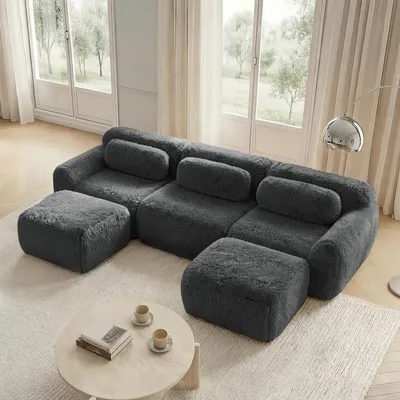 Produktbild von MODFU Dreisitzer Ecksofa,Modulares Sofa mit Geschwungene und 2 Ottoman,U-förmiges Relaxsofa mit Rutschfester Boden & Kissen,Plüschstoff,Grau