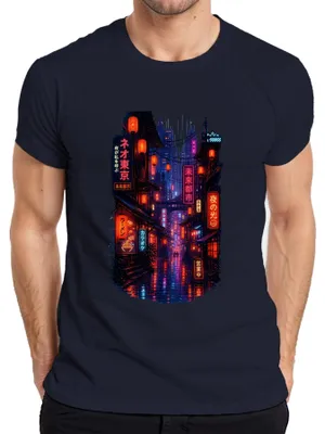 Productafbeelding van Neo Tokyo Cyberpunk Japan, nacht, neon, toekomst, stad, Y2K, synthwave, heren T-shirt, marineblauw, maat L