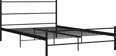 A black metal bed frame with a headboard is shown against a white background.