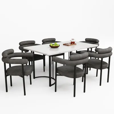 Produktbild von Esstisch-Set – Essbereich – Esszimmer-Set – Esstisch mit Stühlen – Möbelset – Grau, Samtbezug – Metallbeine