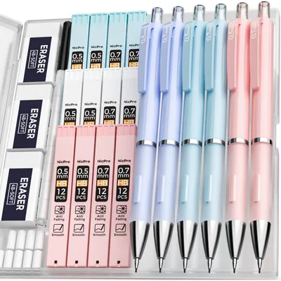Image de Jeu de crayons à papier, 6 pièces, de 0,5 mm et 0,7 mm, avec 12 boîtes de mines et 3 gommes