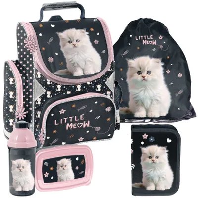 Produktbild von Schulranzen 5-tlg. Set für Mädchen & Jungen KATZE – Paso Ranzen, Mäppchen, Tasche, Flasche, Frühstückstasche