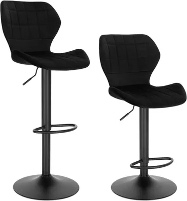 Two black bar stools are shown against a white background.