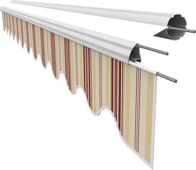 A product image of an awning with a striped fabric.