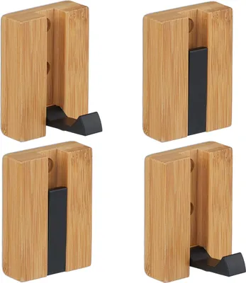 Produktbild von Relaxdays Garderobenhaken, 4er Set, klappbare Haken, Bambus, Metall, zum Bohren & Kleben, Kleiderhaken, natur/schwarz