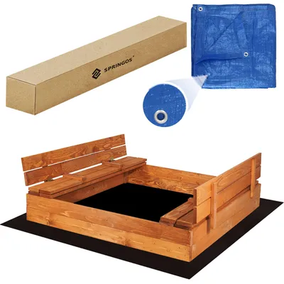 Produktbild von Springos® Sandkasten mit Sitzbänken 120 x 120 cm Imprägniert Holzsandkasten Sandbox mit Deckel Holz Sandkiste inkl. Bodenvlies und Abdeckplane