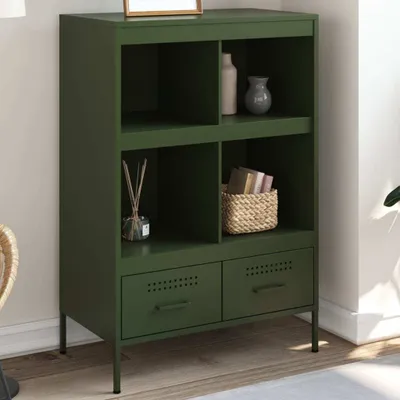 A green metal highboard with shelves and drawers, decorated with a few items.