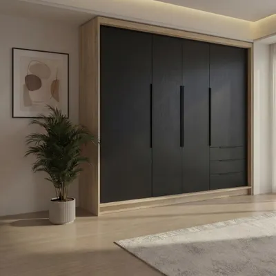Produktbild von Geräumiger vier-türiger Kleiderschrank KLARI mit Schubladen und Metallgriffen – modernes Design