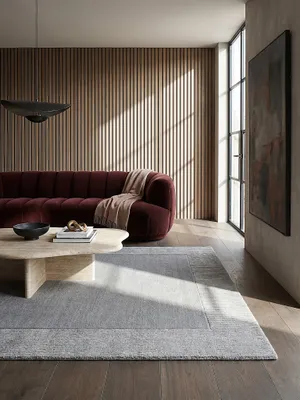 Produktbild von Handgewebter Wollteppich mit feinen Randdetails, "Mole". Farbe: Grau, 200x290 cm | Kadima Design