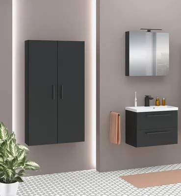 Produktbild von Badmöbel Set mit Waschbecken Keramik NICOLE  60cm SCHWARZ MATT LED SOFTCLOSE Waschtisch Spiegelschrank 2 x Hochschrank
