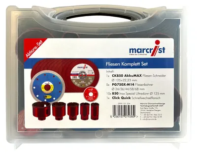 Produktbild von Marcrist Fliesen Komplett Set 125 mm + 1x Fliesenschneider + 5x Fliesenbohrer + 10x Inox Trennscheibe + 1x Schnellwechselflansch  ( 3999.101.354 ) + Koffer