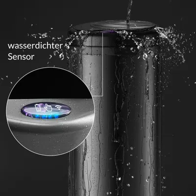 A close-up of a black sensor trash can with water splashing on it, highlighting its waterproof feature. A magnified view shows the sensor button with illuminated icons.