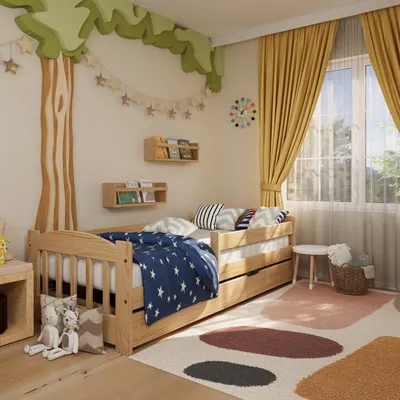 Zdjęcie produktu dla Łóżko dziecięce Luna z barierką, szufladą i stelażem | 180x80 cm | sosna, 100% lite drewno, naturalne usłojenie | uniwersalne, solidne, wygodne