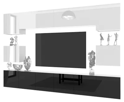 Produktbild von BELINI Wohnwand MILANO 3 Wohnzimmer 300 cm - Schwarz/Weiß Hochglanz, Moderne Schrankwand Set, Anbauwand TV-Schrank Griffloses System