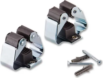 Two wall-mounted holders for brooms or mops, with screws and wall plugs shown separately.