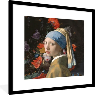 Produktbild von MuchoWow® MuchoWow® Gerahmtes Poster Das Mädchen mit dem Perlenohrring - Vermeer - Blumen 40x40 cm - Poster mit zchwarzem Bilderrahmen - Poster - Plakat im Rahmen