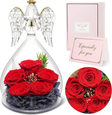 Image de Sunia Rose éternelle Ange boîte cadeau avec 5 roses éternelles rouges