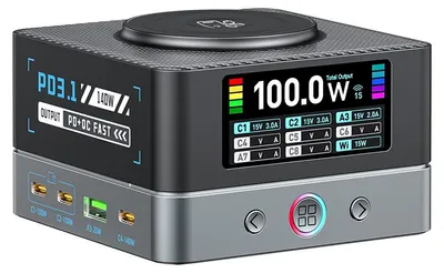 Produktbild von 200W GaN USB-C Ladestation 9-in-1 mit Display, 6× USB-C, 2× USB-A, magnetisches Wireless Charging, PD3.1 Schnellladegerät, EU-Stecker
