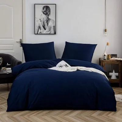 Immagine prodotto di Biancheria da letto in cotone, 200 x 200 cm, blu navy, set da 3 pezzi, 1 copripiumino con 2 federe da 80 x 80 cm