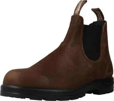 A single brown leather boot with a black sole is shown against a white background.