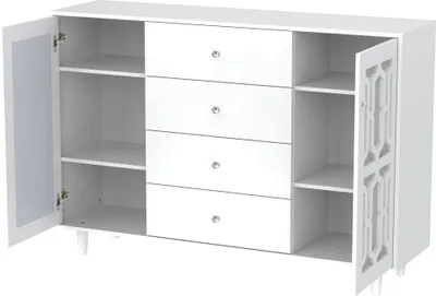 Produktbild von Merax Kommode Sideboard mit verspiegelten Glastüren und 4 Schubladen, Anrichte Landhausstil Küchenschrank 148x102x40cm, Weiß