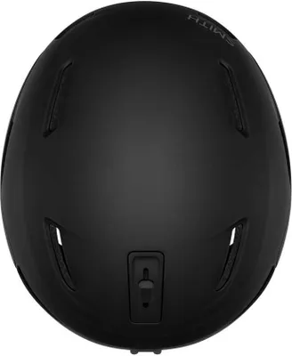 A black ski helmet viewed from the top.