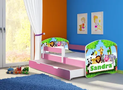 Obrázek produktu pro ACMA postel pro mladé Dětská postel junior Kompletní sada s roštem a ochranou proti vypadnutí matrace Pink 01 Zoo Name 160x80 + podstavec pod postel