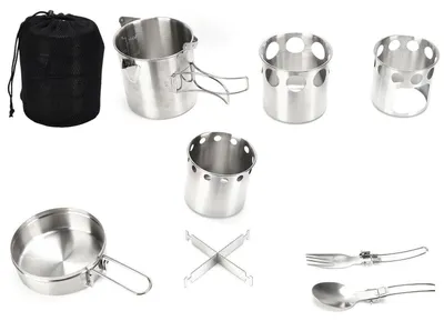Produktbild von 8-teiliges Camping Geschirr Set Edelstahl 1L Topf Kochtopfset für 1-2 Personen Wandern Reisen Picknick