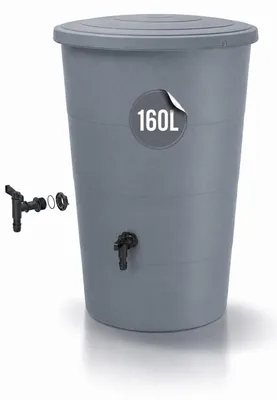 Productafbeelding van Grijze regenton, 200 liter. Regenwateropslag met kraan, diameter 60 cm, hoogte 107 cm