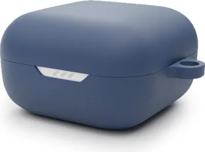 A blue silicone case for wireless earbuds.