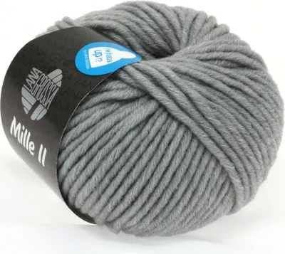 A ball of gray yarn with a label.