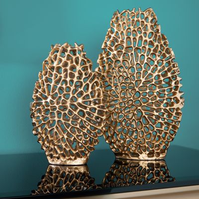 Filigranes Vasen 2er Set ABSTRACT LEAF 40cm gold Handarbeit Blumenvase Dekovase