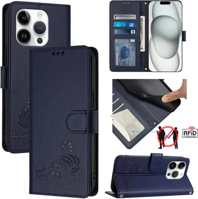 Produktbild von Leder Hülle für iPhone 14 Pro Süße Katze Flip Case Brieftasche Schutzhülle mit Standfunktion Blau