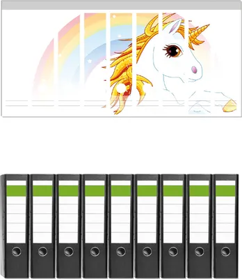 Produktbild von Wallario 9 Stück breite Ordner inkl. Klebeetiketten mit Motive Weißes Einhorn vor einem Regenbogen -  Set mit Rückenschildern / Ordnerrücken Stickern