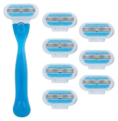 Produktbild von Damenrasierer Set 1 Griff 8 Klingen 3-lagig Edelstahl Rasierer Blau